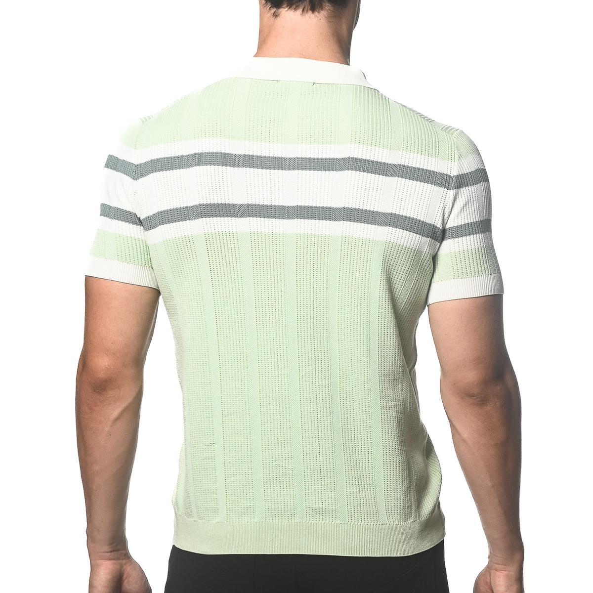Cool Mint Green Silk/Tencel Striped Knitted Polo by Postmarc