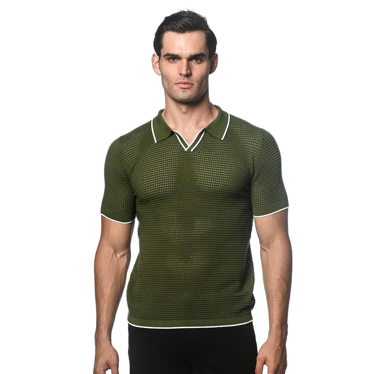 Grass/White Textured Johnny Collar Mesh Knitted Polo by Postmarc Copy