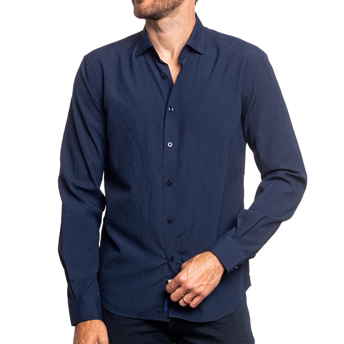 Navy Seersucker Long Sleeve Button Down Shirt by Eight-X