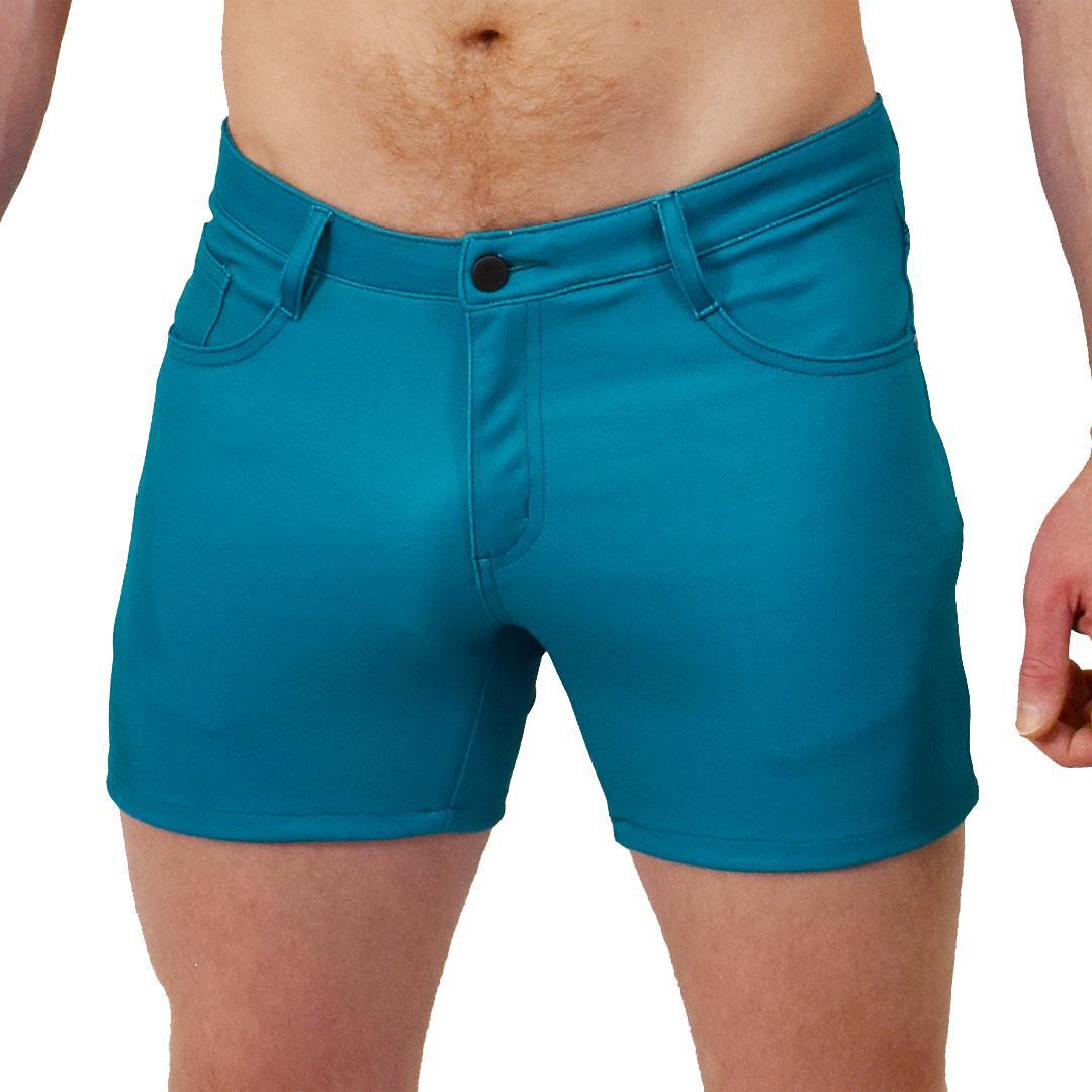 Peacock Blue Solid 5-Pocket Stretch Shorts with 5" Inseam by Assassin Menswear