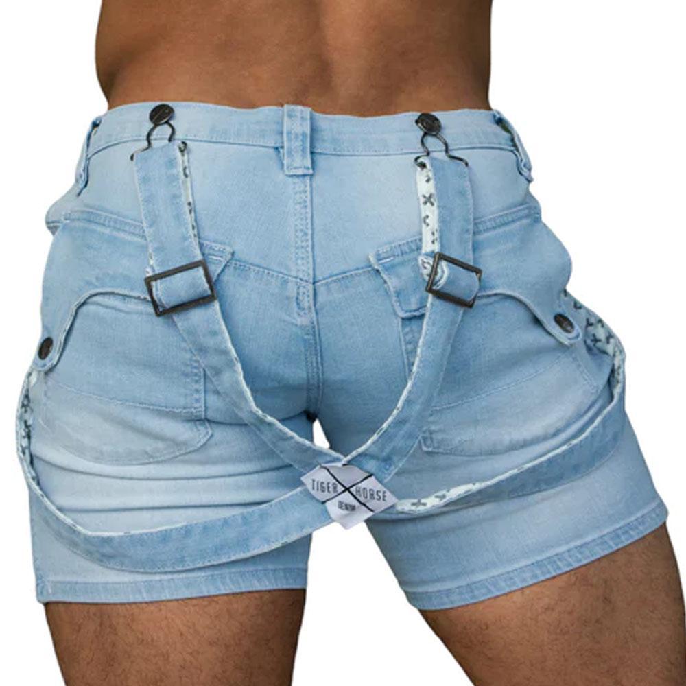 Homar Ice Blue Distressed Denim Romey Shorts with Fashion Straps by TigerXHorse Denim