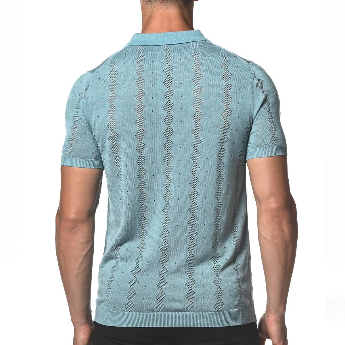 Blue Stone Diamond Argyle Silk and Tencel Mesh Knit Polo Shirt by Postmarc