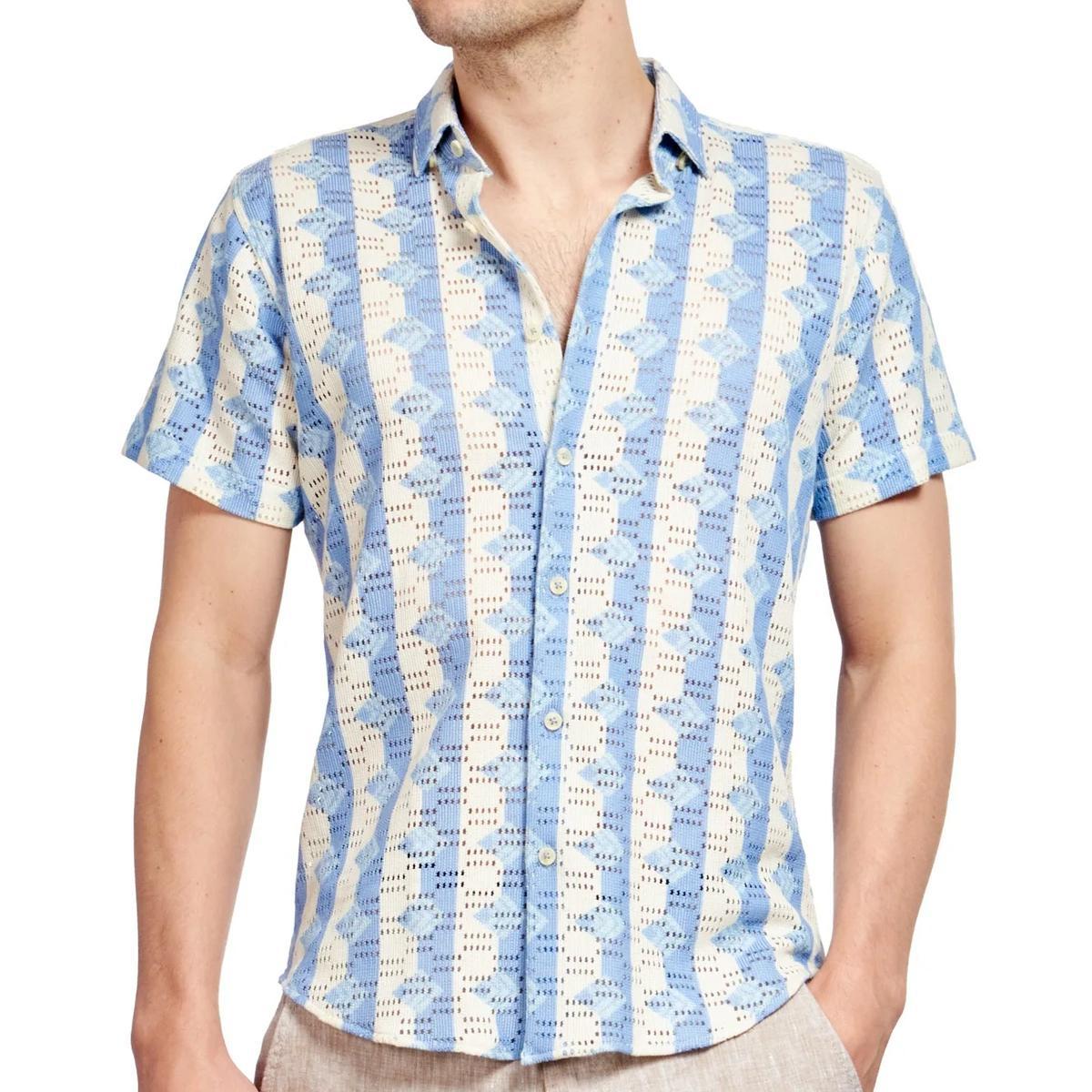 Blue Rhombus and Stripe Crochet Shirt by Eight X
