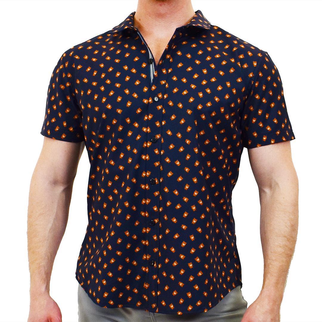 Angry Bears Navy Patterned Slim Fit Style Stretch Short Sleeve Shirt by Assassin Menswear