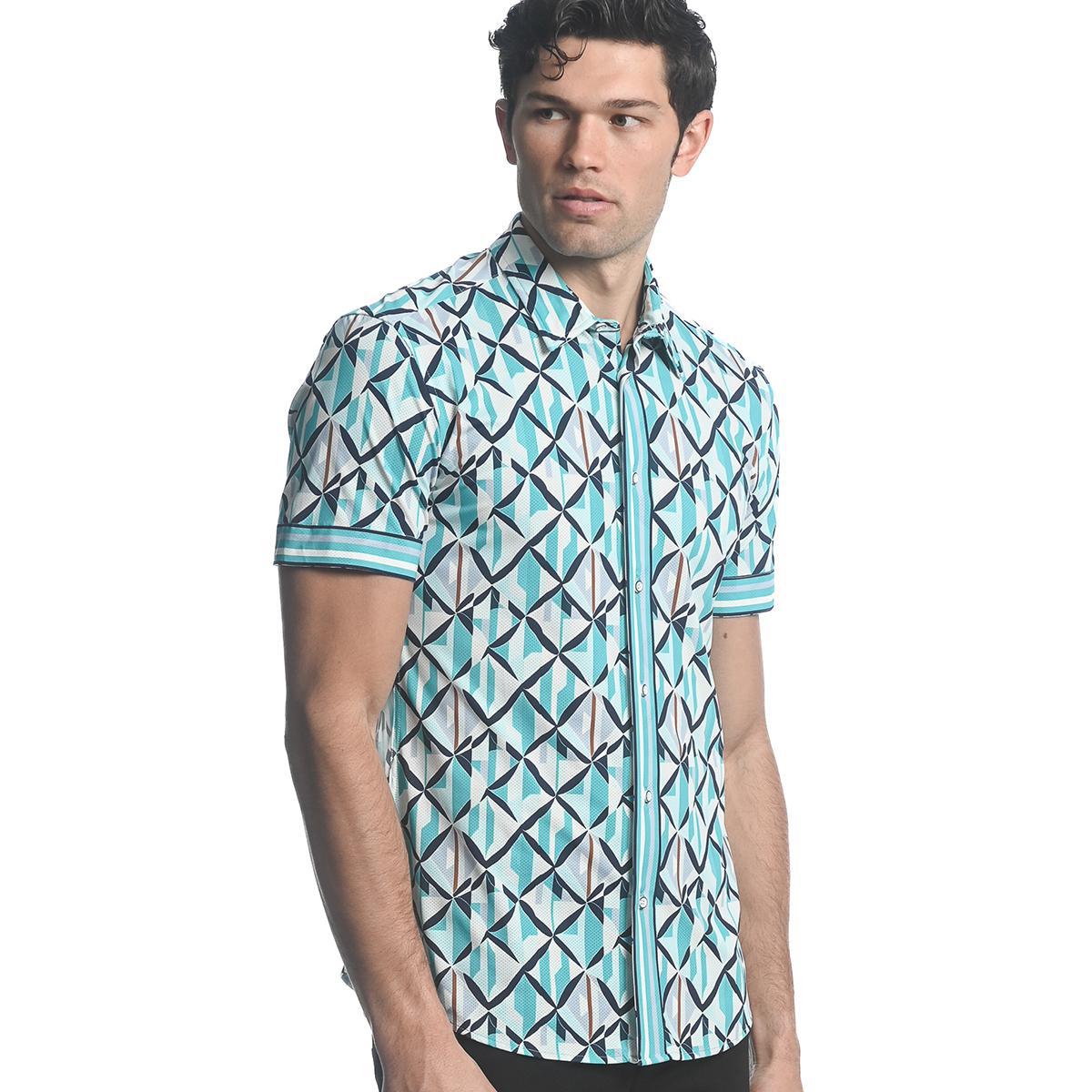 Teal/Navy X-Mosaic Performance Stretch Short Sleeve Shirt by Postmarc