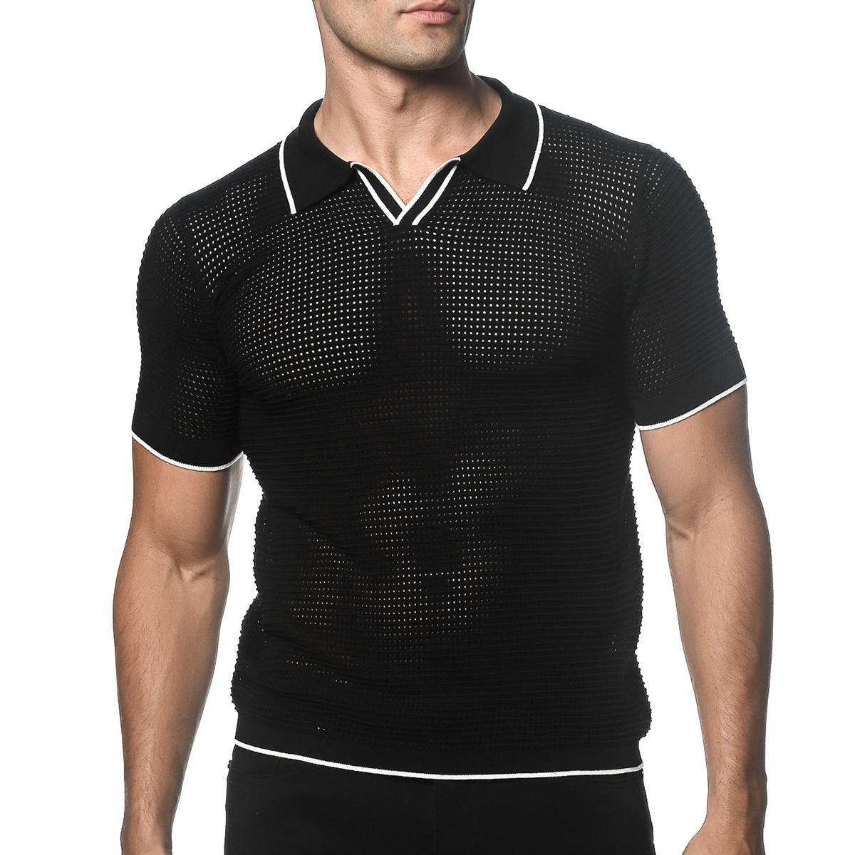 Black/White Textured Johnny Collar Mesh Knitted Polo by Postmarc
