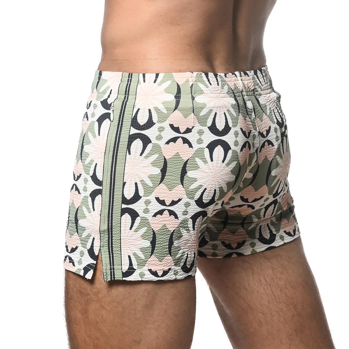 Aloe/Spruce Floral Tile Seersucker Swim Shorts by Postmarc