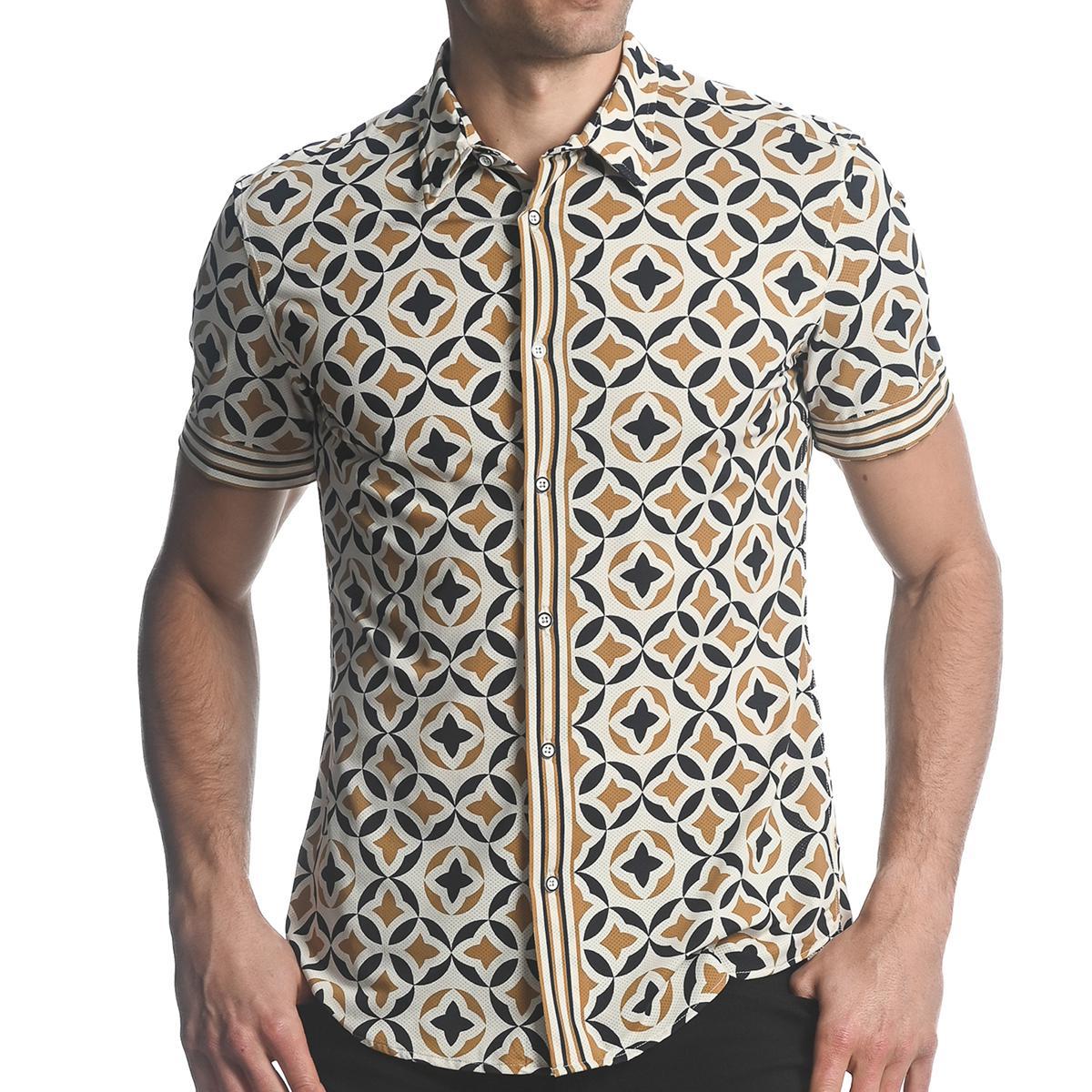 Amber/Sand Floral Mosaic Performance Stretch Short Sleeve Shirt by Postmarc