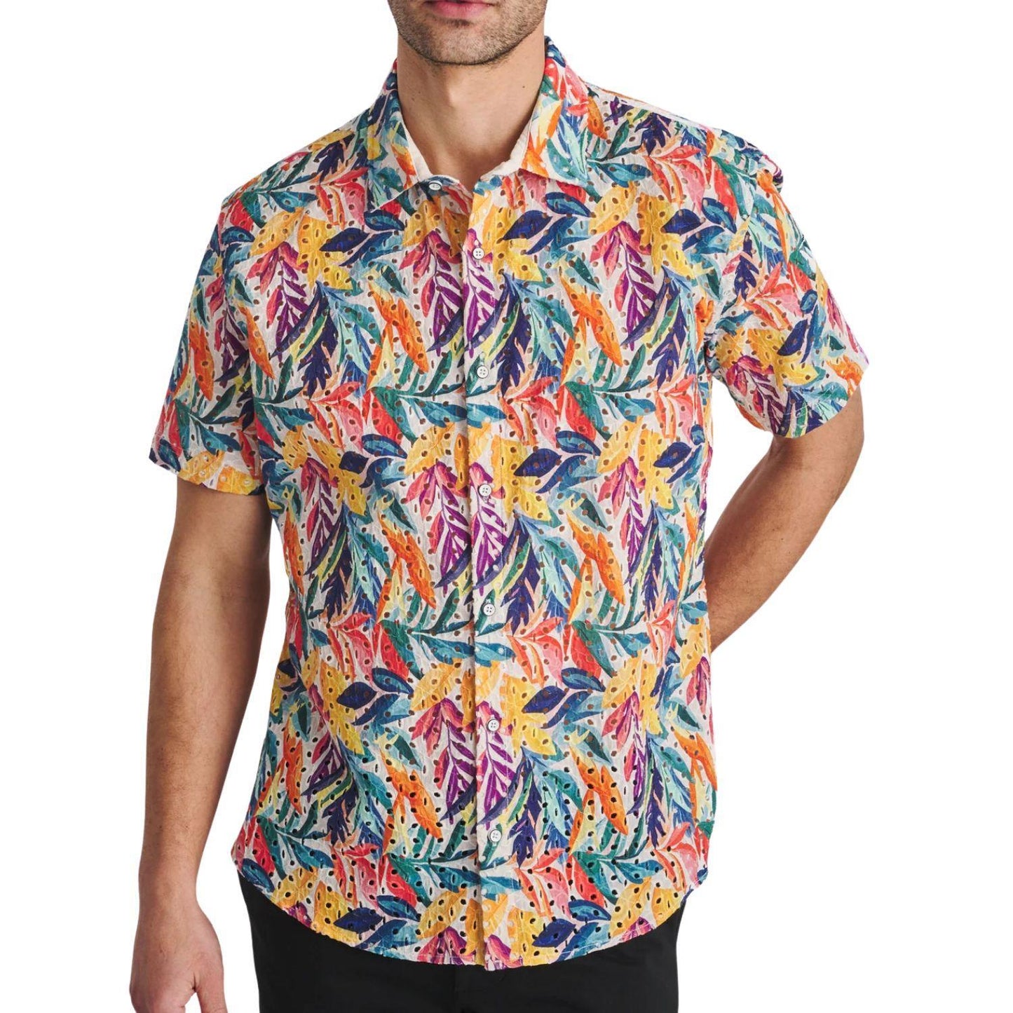 Rainbow Leaves Printed Eyelet Short Sleeve Woven Shirt by Postmarc