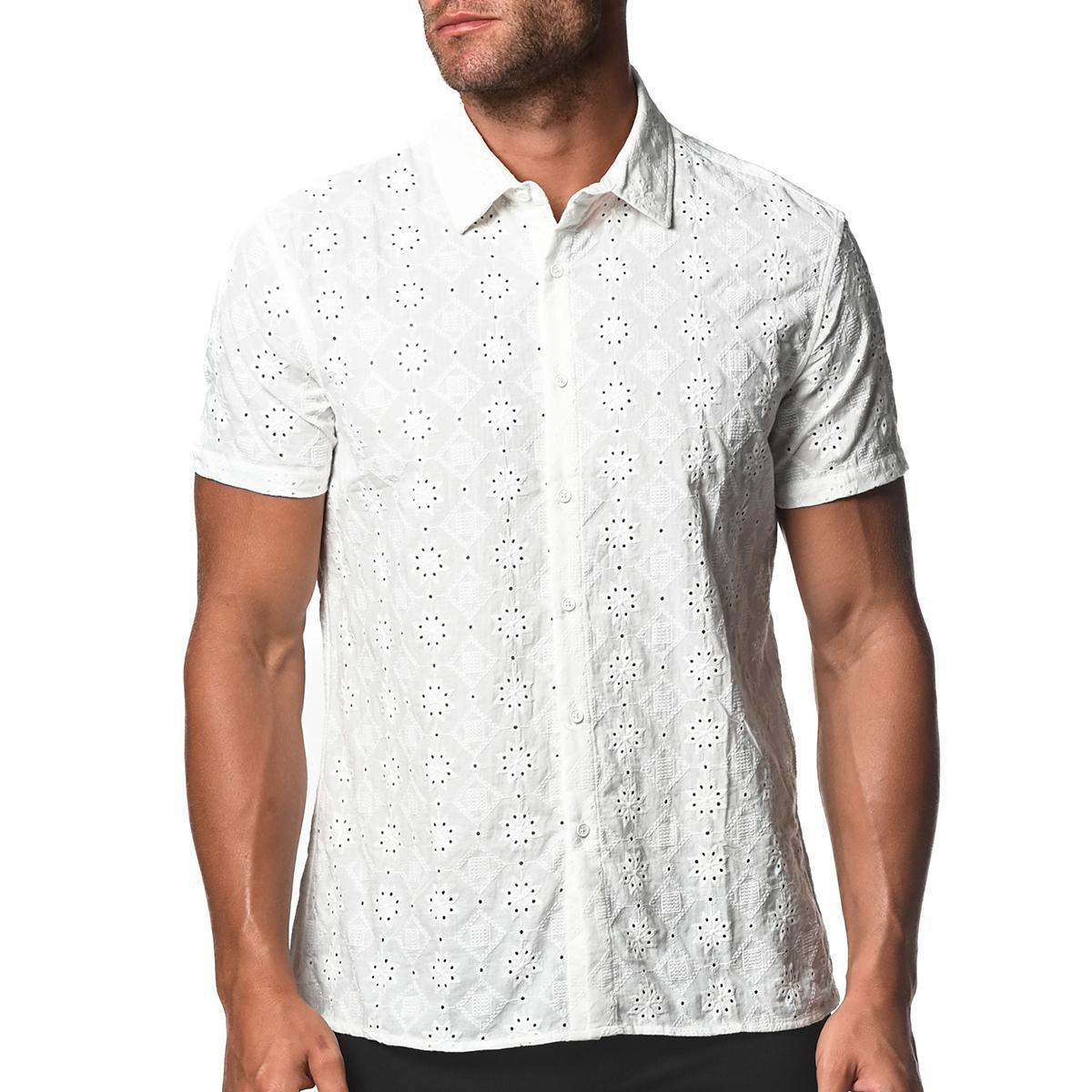 White Cotton Eyelet Woven Short Sleeve Shirt by Postmarc