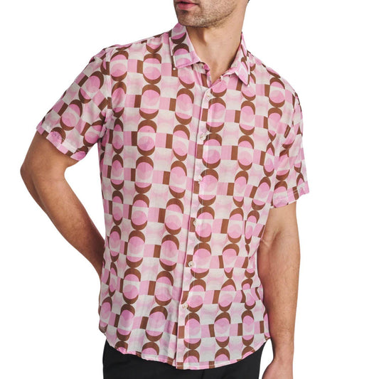 Pink/Olive Retro Printed Lightweight Cotton/Silk Short Sleeve Woven Shirt by Postmarc