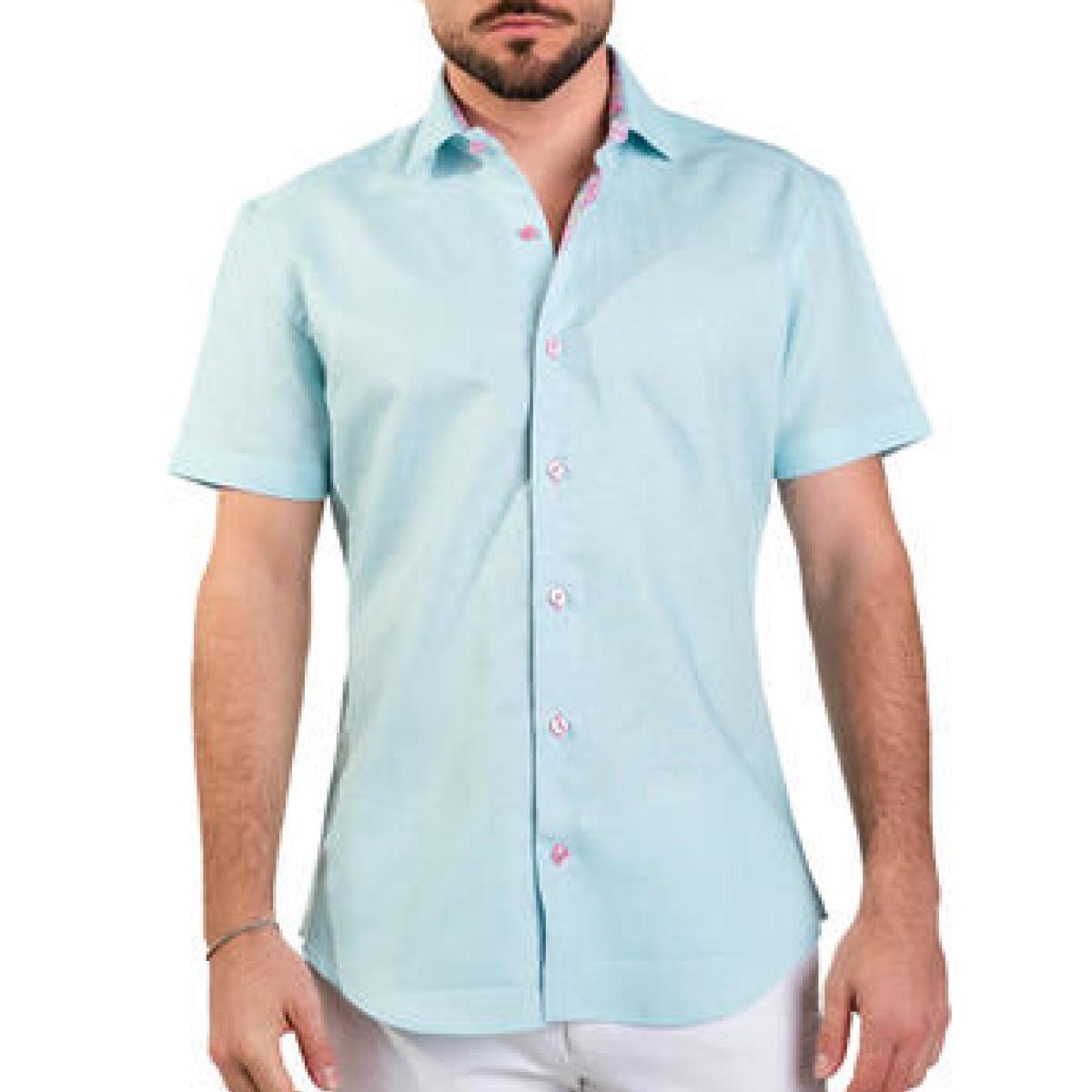 Brianne Aqua Blue Solid Color Linen Short Sleeve Shirt by Masutto