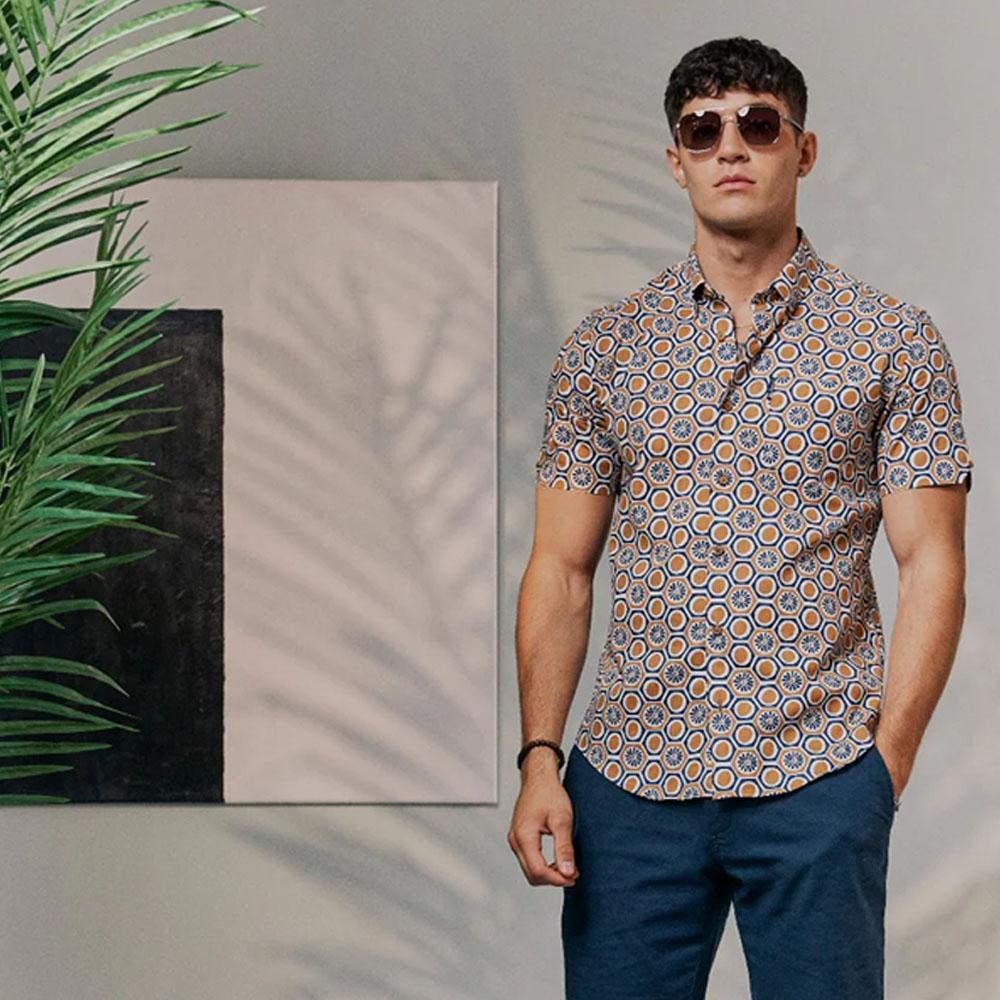 Retro Navy/Tan Floral Print Short Sleeve Shirt by Ben Sherman