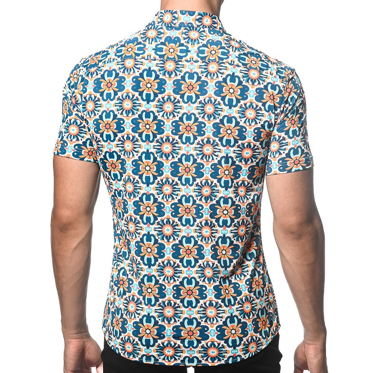 Cobalt/Sunrise Floral Tiles Performance Stretch Short Sleeve Shirt by Postmarc