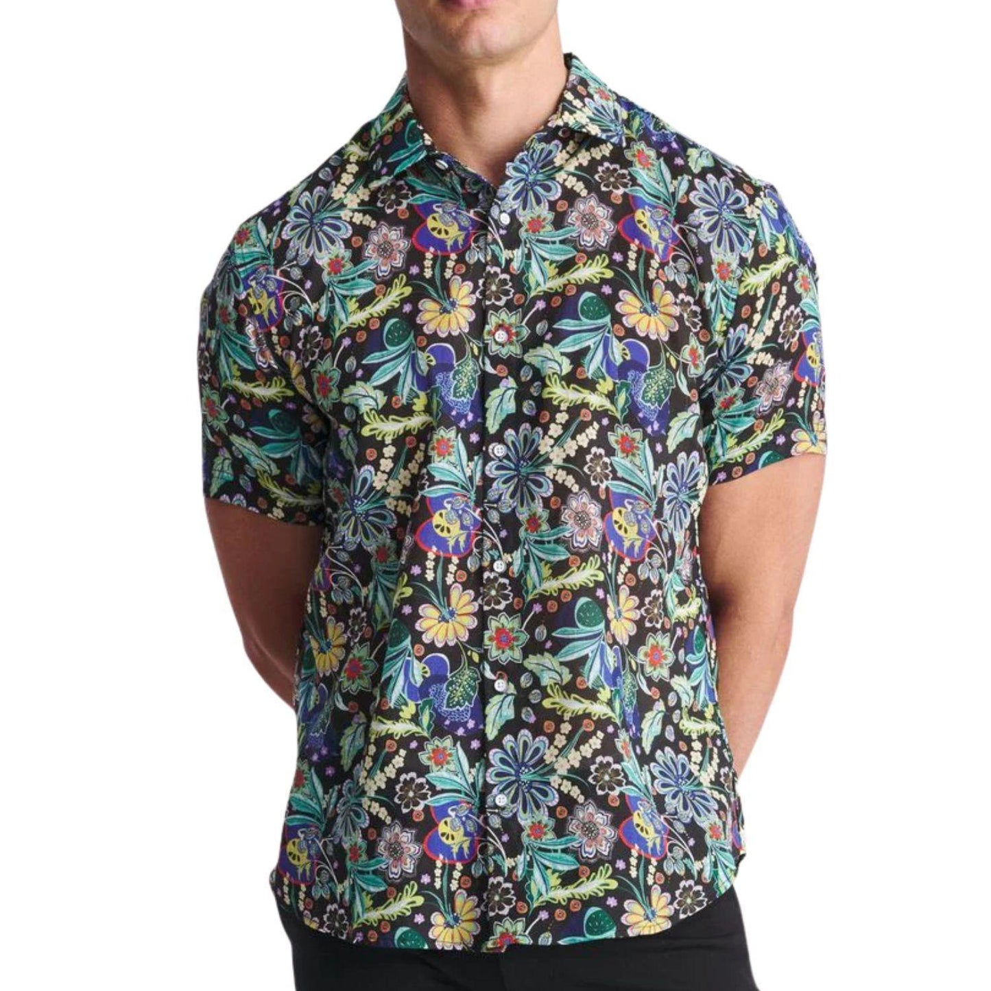 Navy/Green Floral Printed Lightweight Linen/Tencel Short Sleeve Shirt by Postmarc