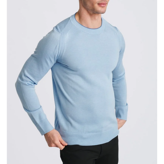 Blue Finch Contrast Crew Neck Wool Blend Knit Sweater by Postmarc