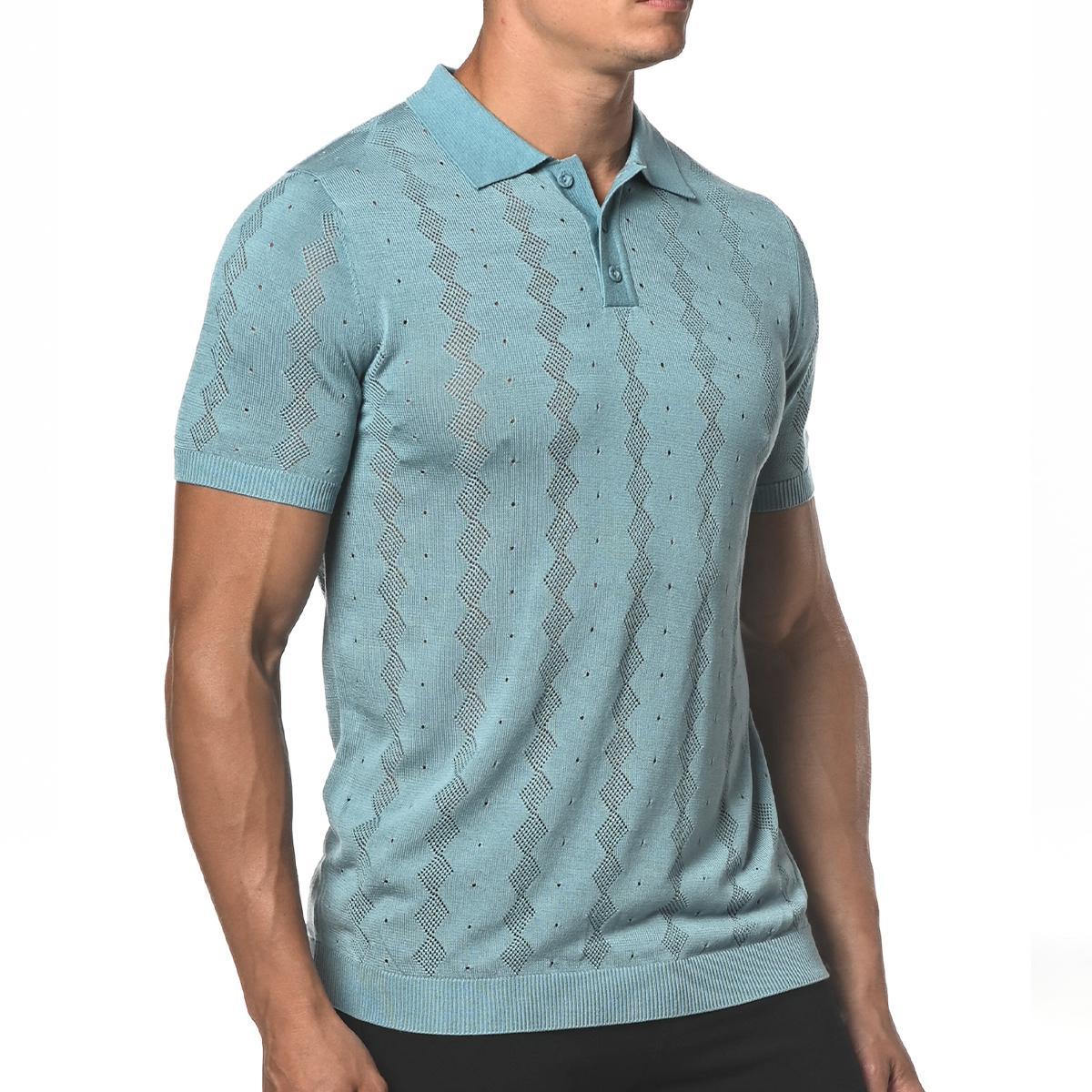 Blue Stone Diamond Argyle Silk and Tencel Mesh Knit Polo Shirt by Postmarc