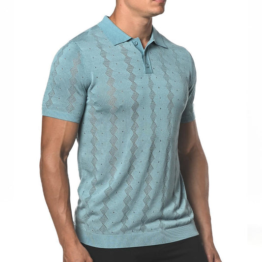 Blue Stone Diamond Argyle Silk and Tencel Mesh Knit Polo Shirt by Postmarc