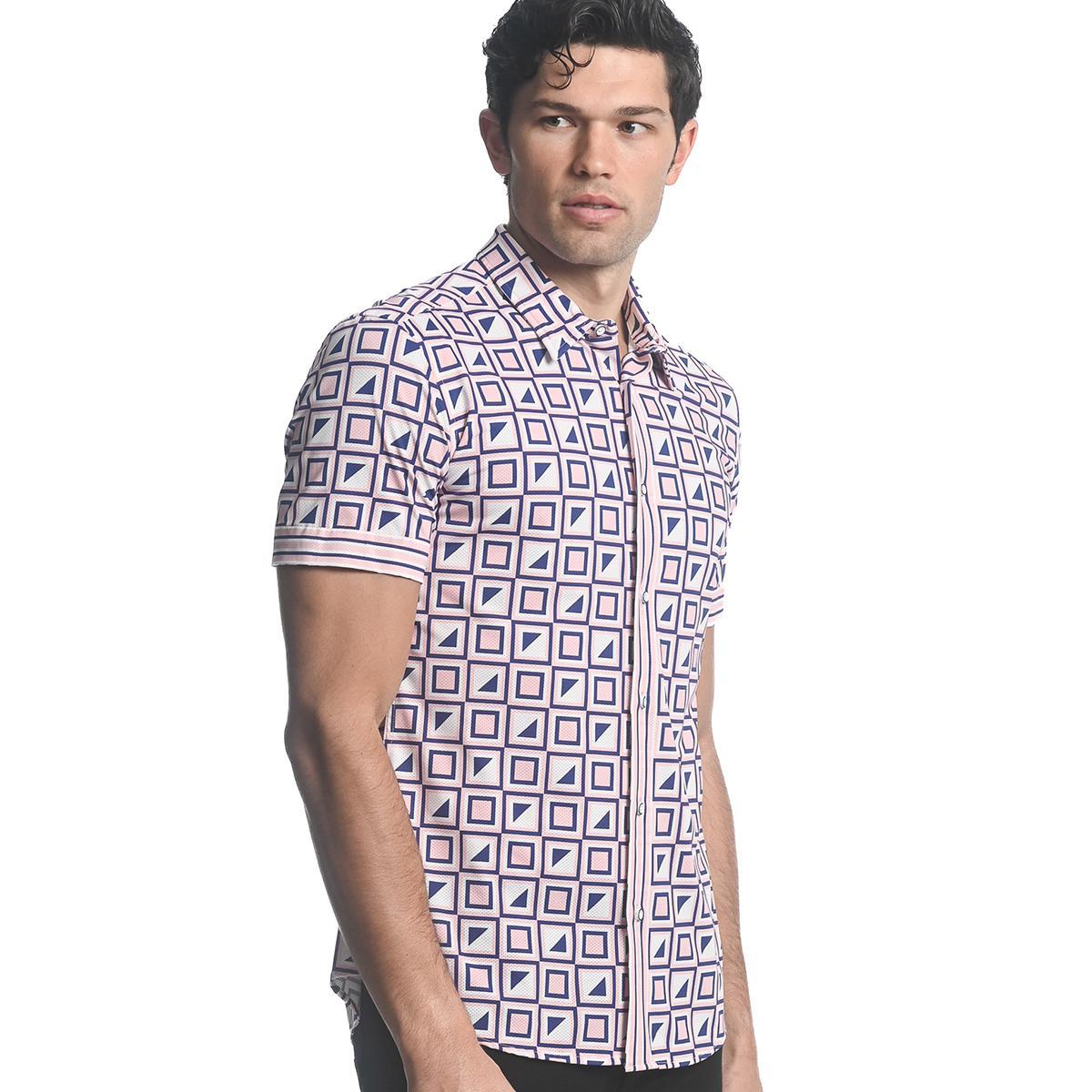 Blush/Navy Squares Performance Stretch Short Sleeve Shirt by Postmarc