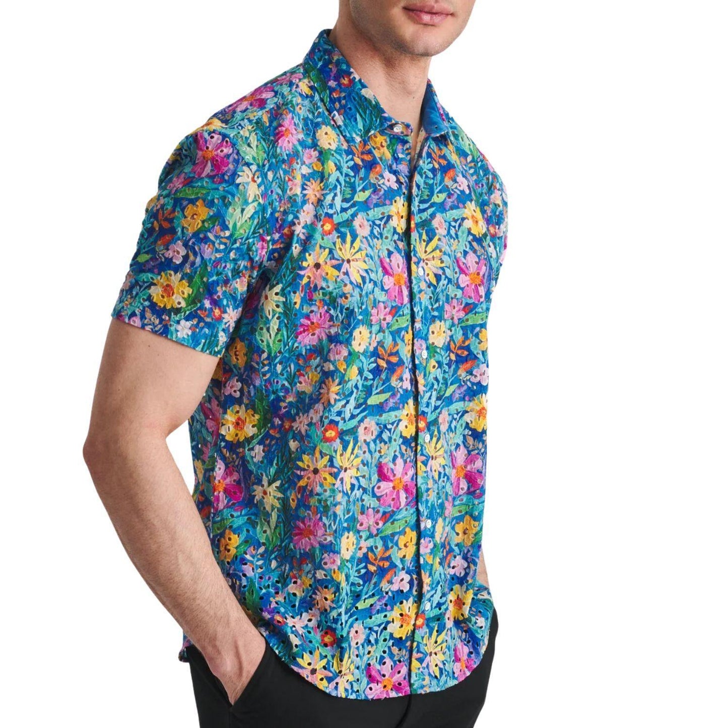 Cobalt/Multi Floral Printed Eyelet Short Sleeve Woven Shirt by Postmarc