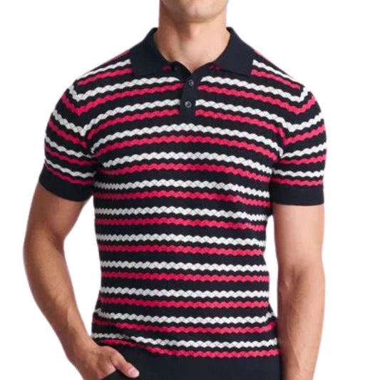 Bubble Gum/Navy/Off White Wave Textured Cotton 3-Button Knit Polo by Postmarc