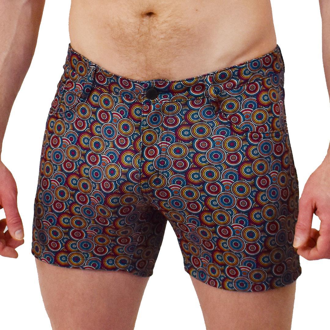 Retro Circles Navy/Red/Yellow Patterned 5-Pocket Stretch Shorts with 5" Inseam by Assassin Menswear