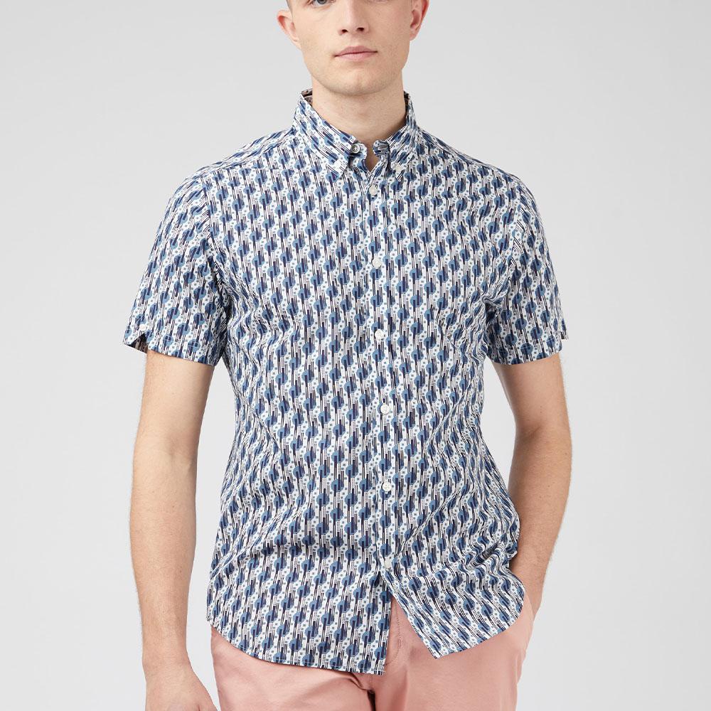 Retro Blue Shadow Geometric Print Short Sleeve Shirt by Ben Sherman