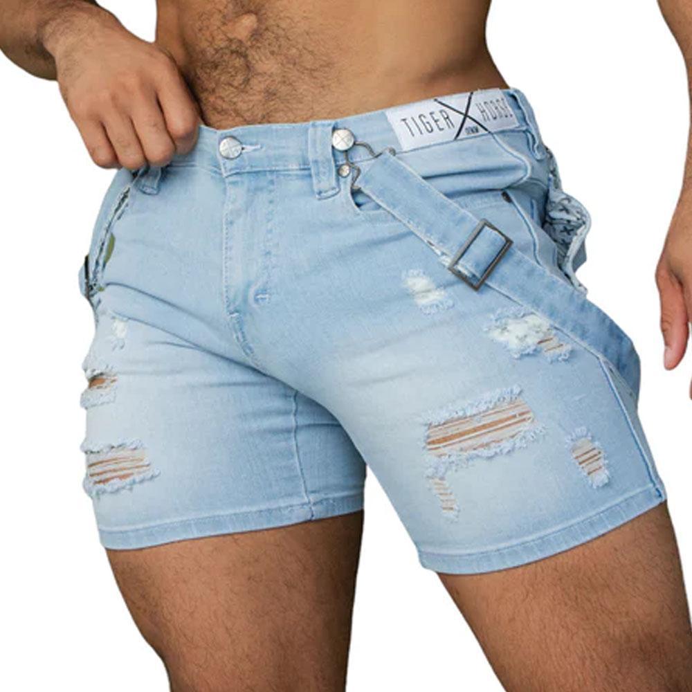 Homar Ice Blue Distressed Denim Romey Shorts with Fashion Straps by TigerXHorse Denim