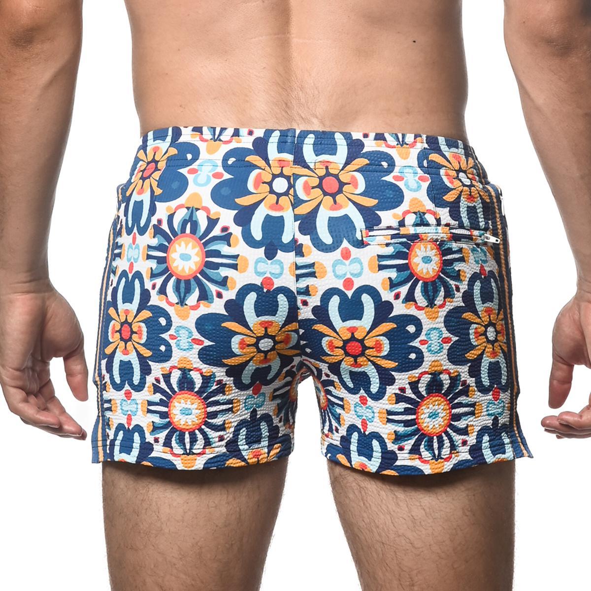Cobalt/Sunrise Floral Tile Seersucker Swim Shorts by Postmarc