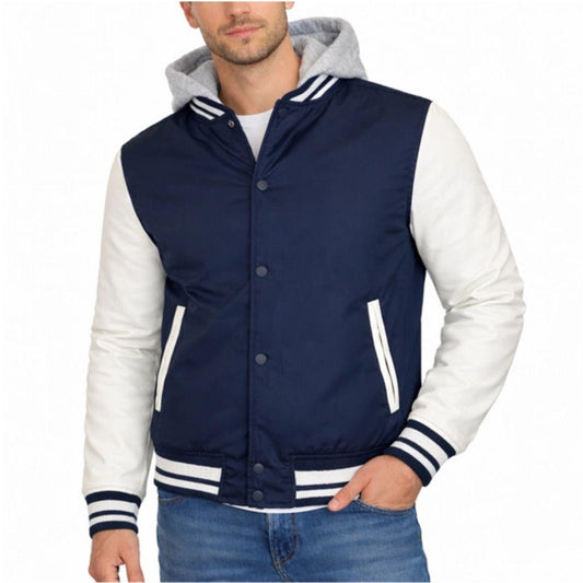 Navy Hooded Varsity Jacket w/ Detachable Hood
