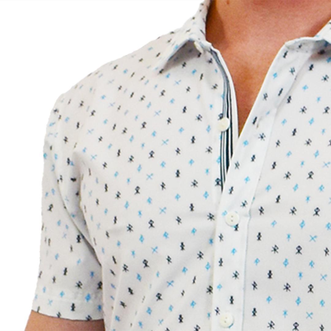 Runes White/Aqua/Black Patterned Slim Fit Style Stretch Short Sleeve Shirt by Assassin Menswear