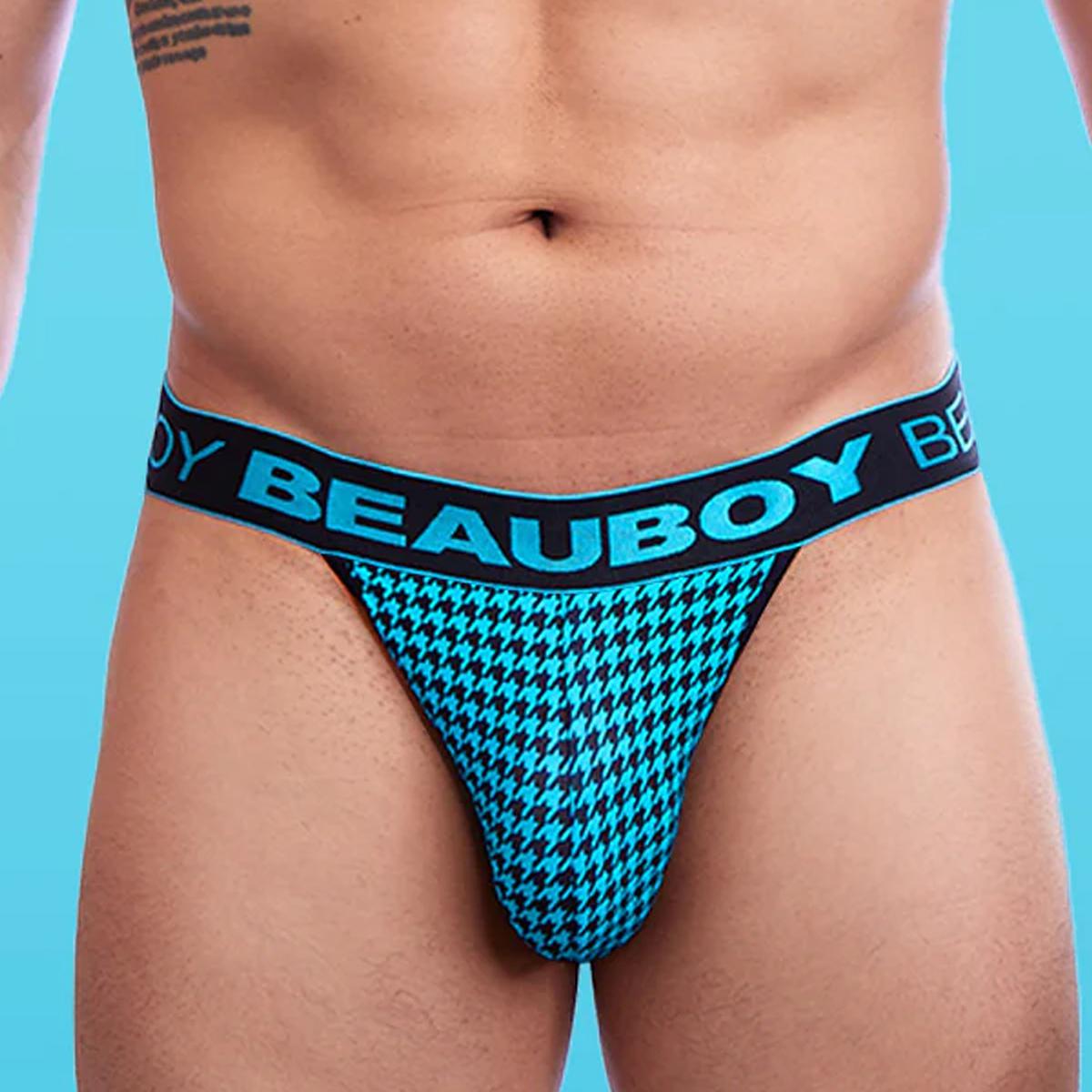 Aqua/Black Houndstooth Print Thong by Beauboy Menswear