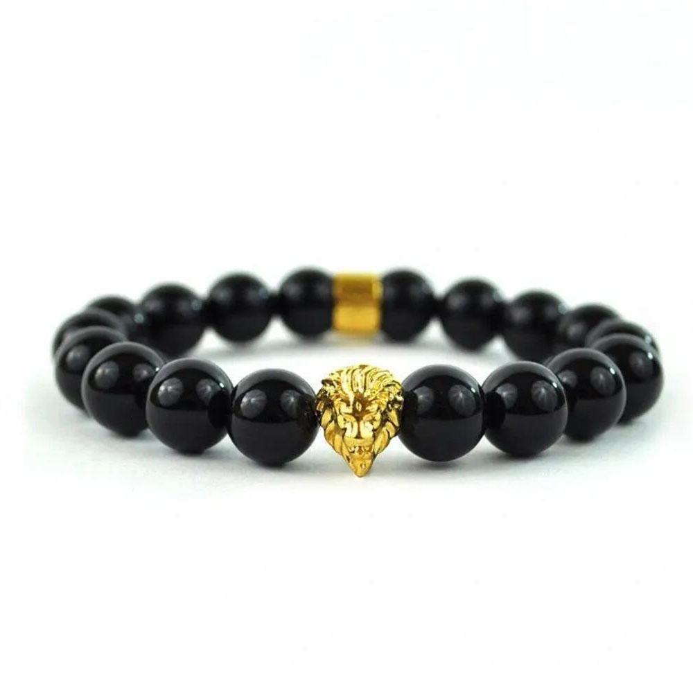 Glossy Black Lion Beaded 8" Bracelet by Gold Gods