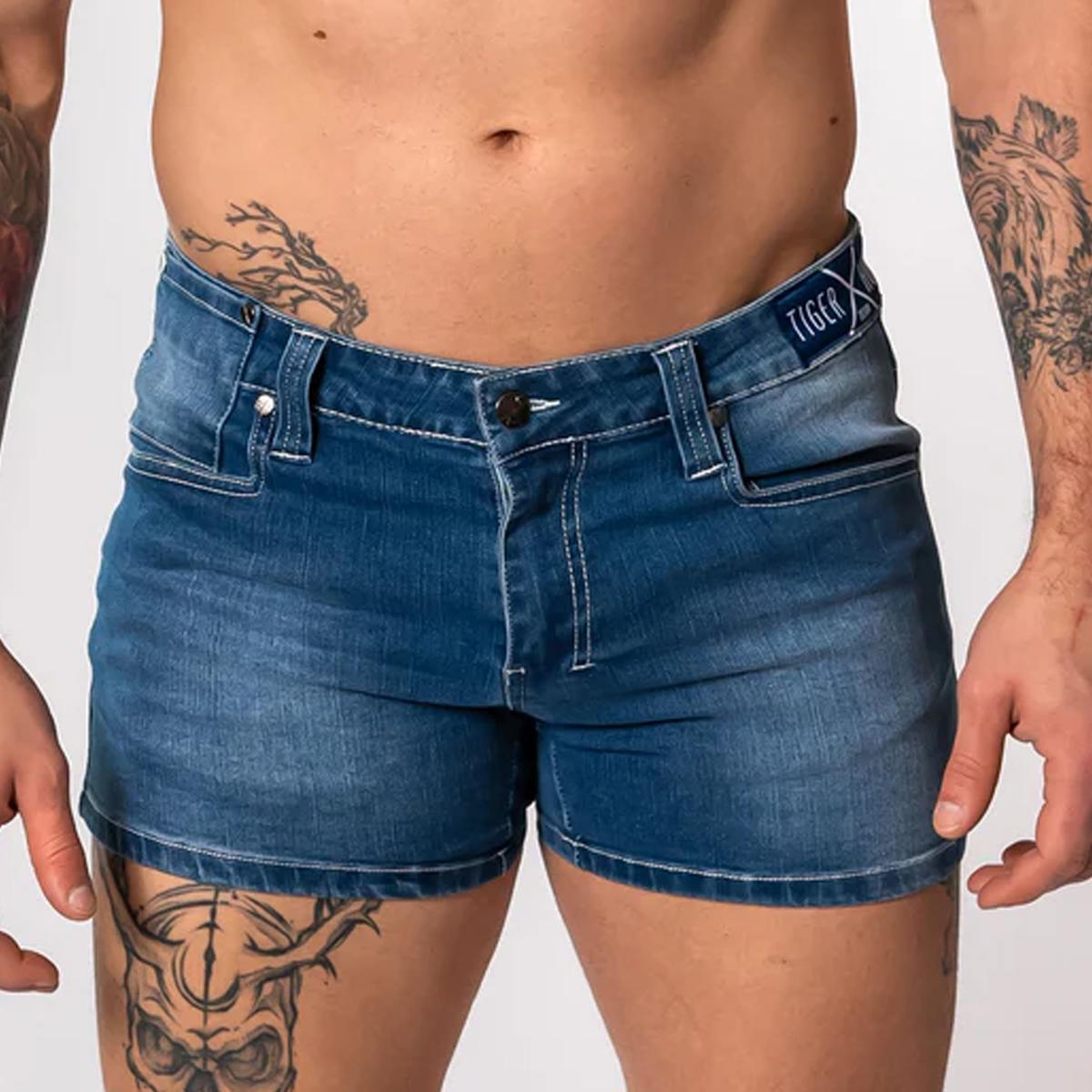 Sky Blue Denim 4" Inseam Stretch Cotton Ceetee Shorts by TigerXHorse Denim