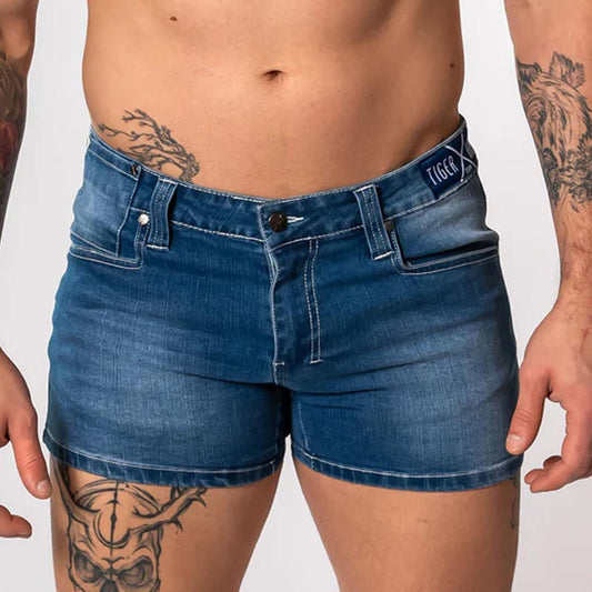 Sky Blue Denim 4" Inseam Stretch Cotton Ceetee Shorts by TigerXHorse Denim