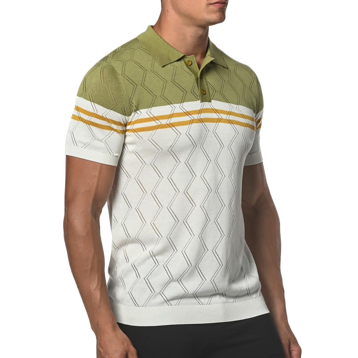 Olive Green/Amber Yellow Zigzag Stripe Silk and Tencel Knit Polo Shirt by Postmarc