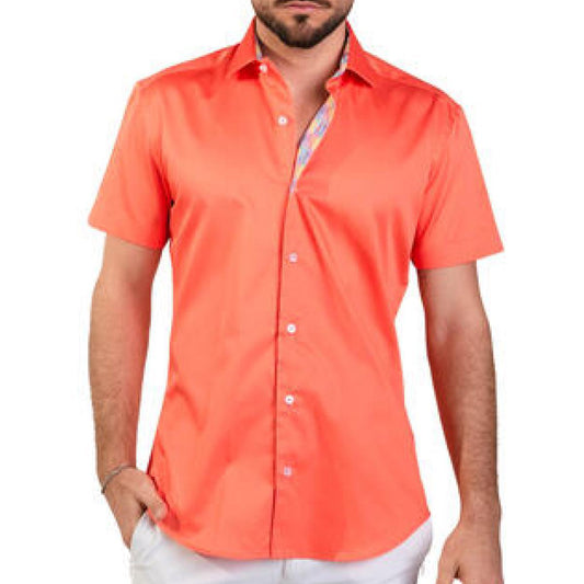 Forli Coral Orange Solid Color Cotton Short Sleeve Shirt by Masutto