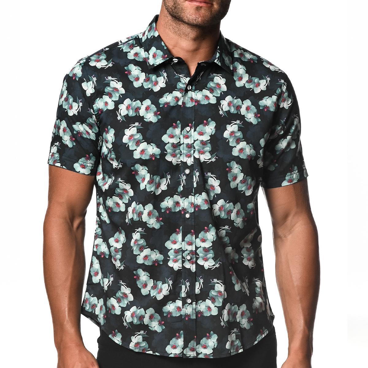 Midnight Blue Orchids Floral Cotton and Tencel Short Sleeve Shirt by Postmarc