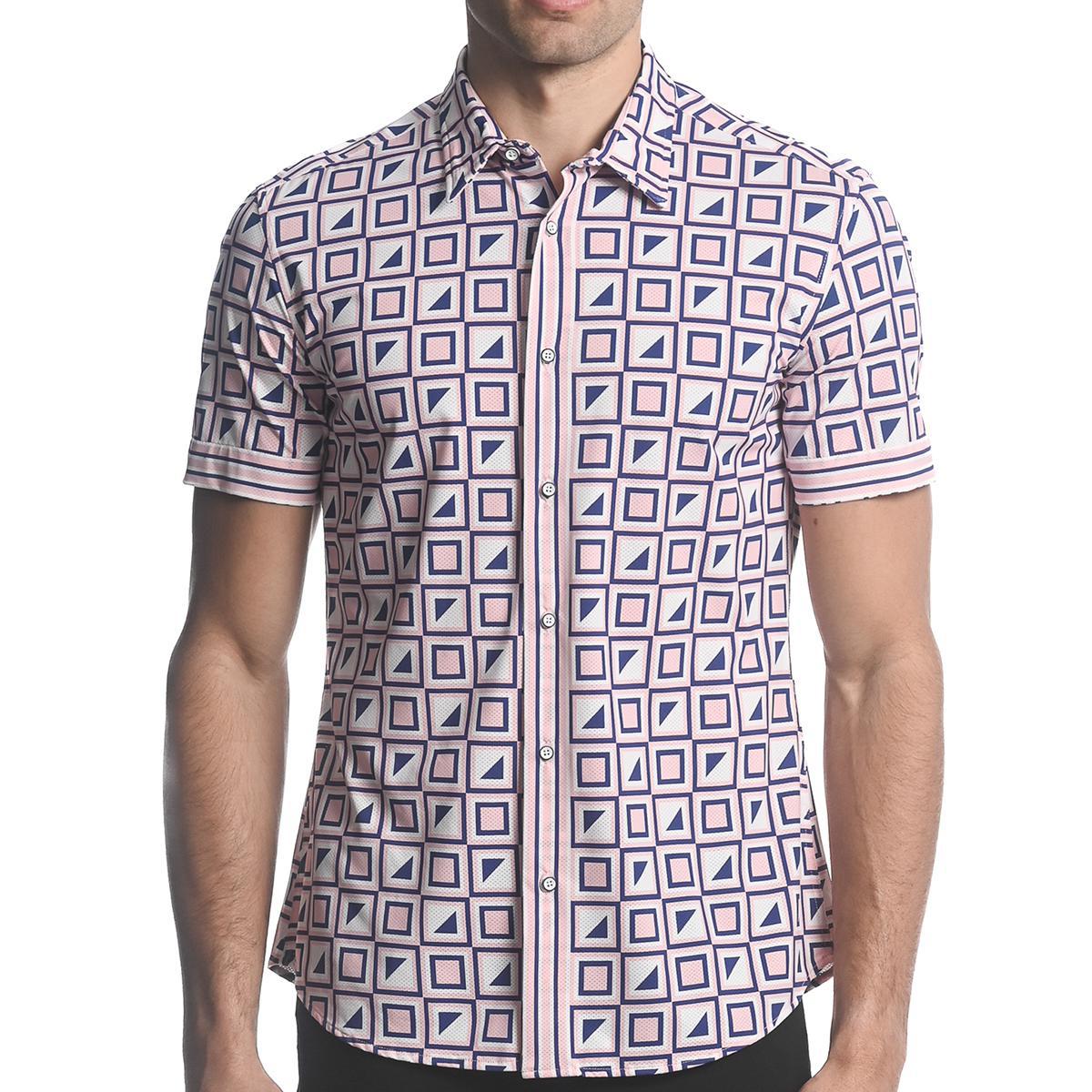 Blush/Navy Squares Performance Stretch Short Sleeve Shirt by Postmarc