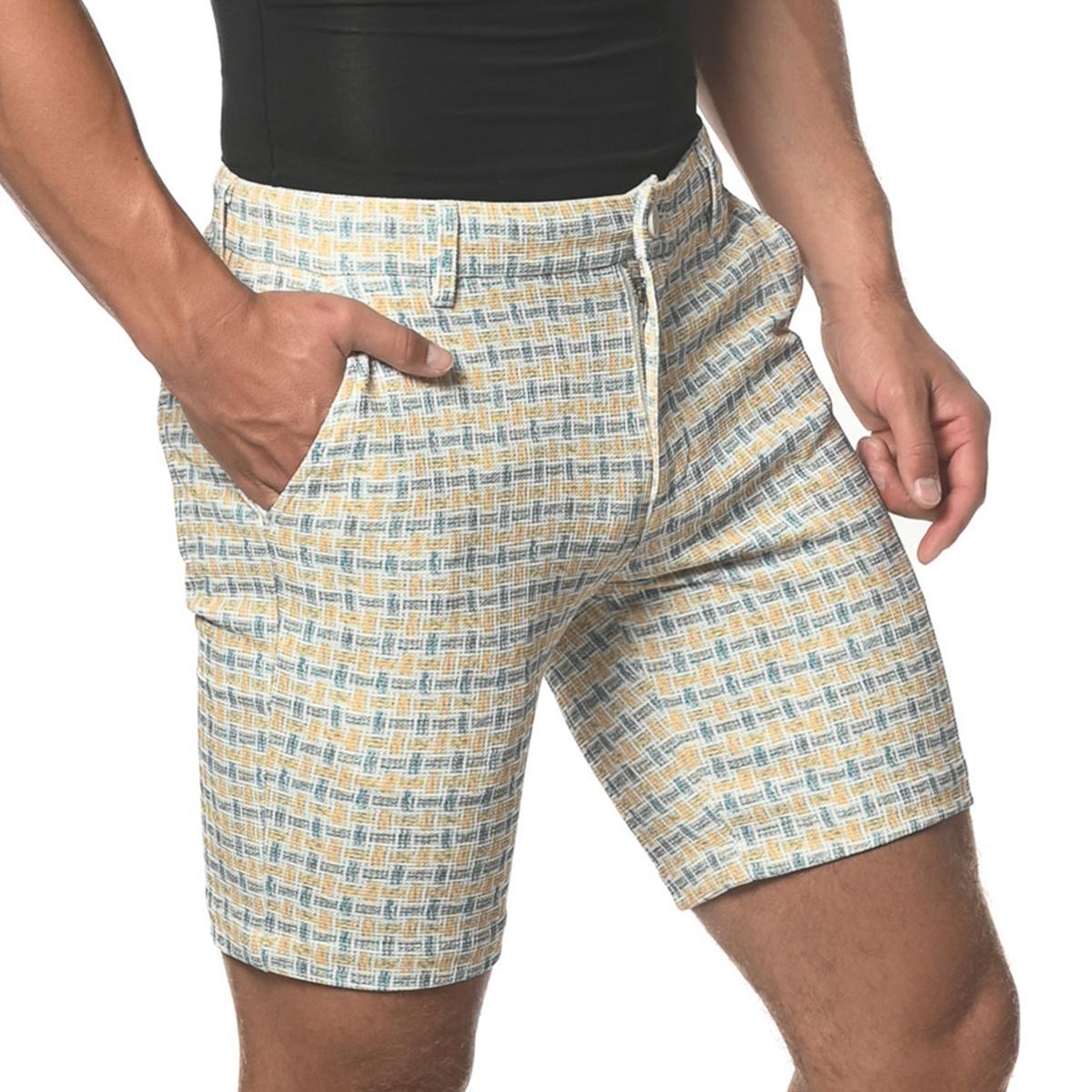 Amber Yellow/Blue Slate Check 8" Inseam Stretch Knit Shorts by Postmarc