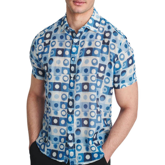 Navy/Slate Squares Printed Lightweight Cotton/Silk Short Sleeve Woven Shirt by Postmarc