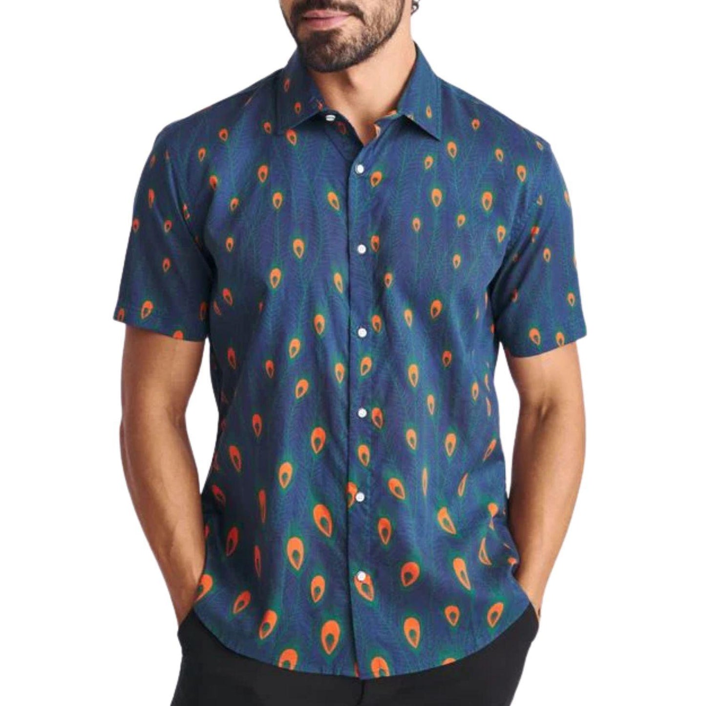 Navy/Peacock Feathers Printed Lightweight Cotton/Tencel Short Sleeve Shirt by Postmarc