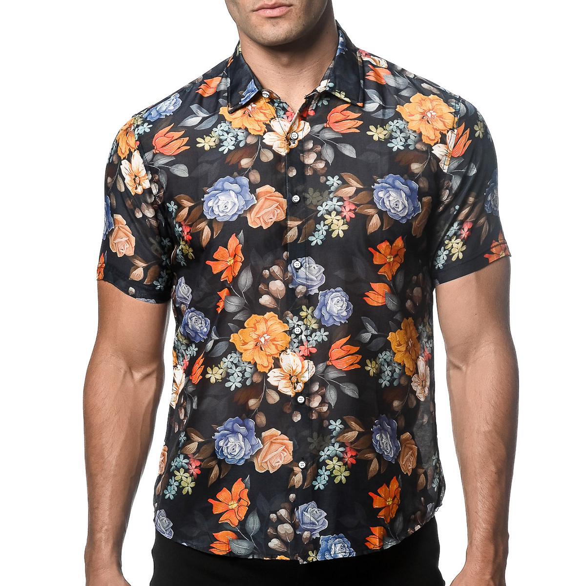 Navy/Gold Blooms Cotton/Silk Short Sleeve Shirt by Postmarc