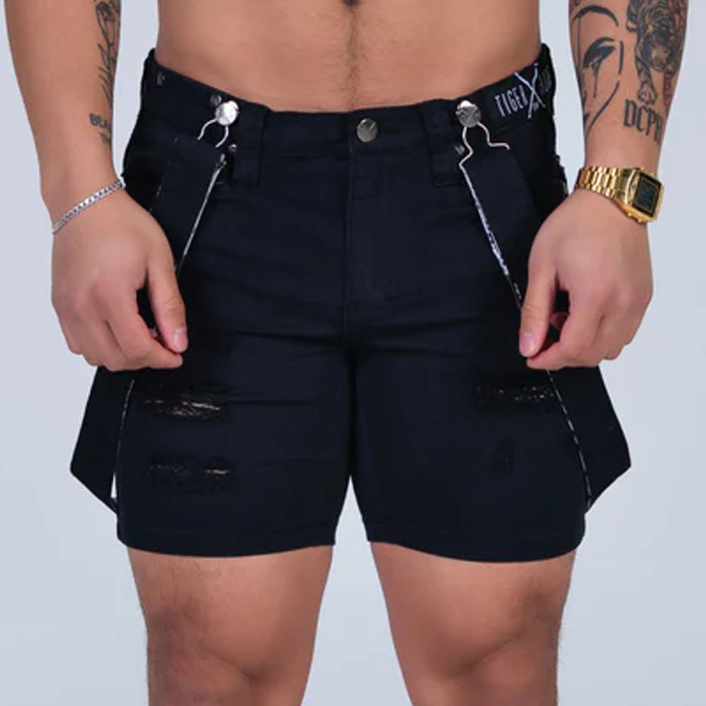 Double Black Distressed Romey Shorts with Fashion Straps by TigerXHorse Denim