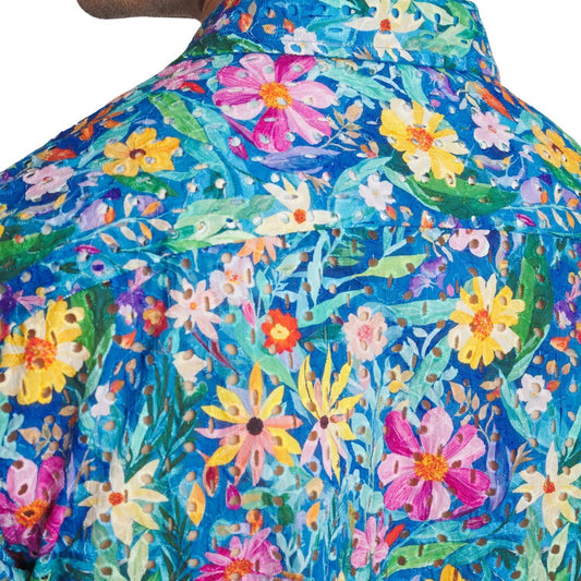 Cobalt/Multi Floral Printed Eyelet Short Sleeve Woven Shirt by Postmarc