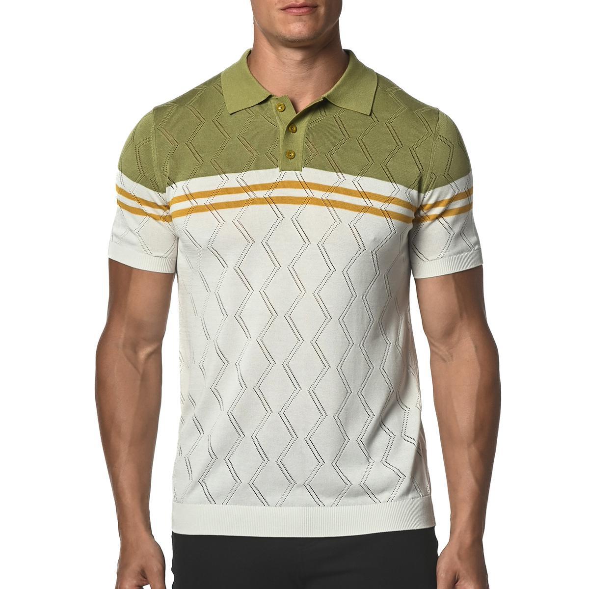 Olive Green/Amber Yellow Zigzag Stripe Silk and Tencel Knit Polo Shirt by Postmarc