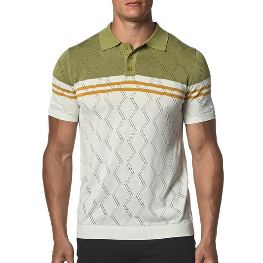 Olive Green/Amber Yellow Zigzag Stripe Silk and Tencel Knit Polo Shirt by Postmarc