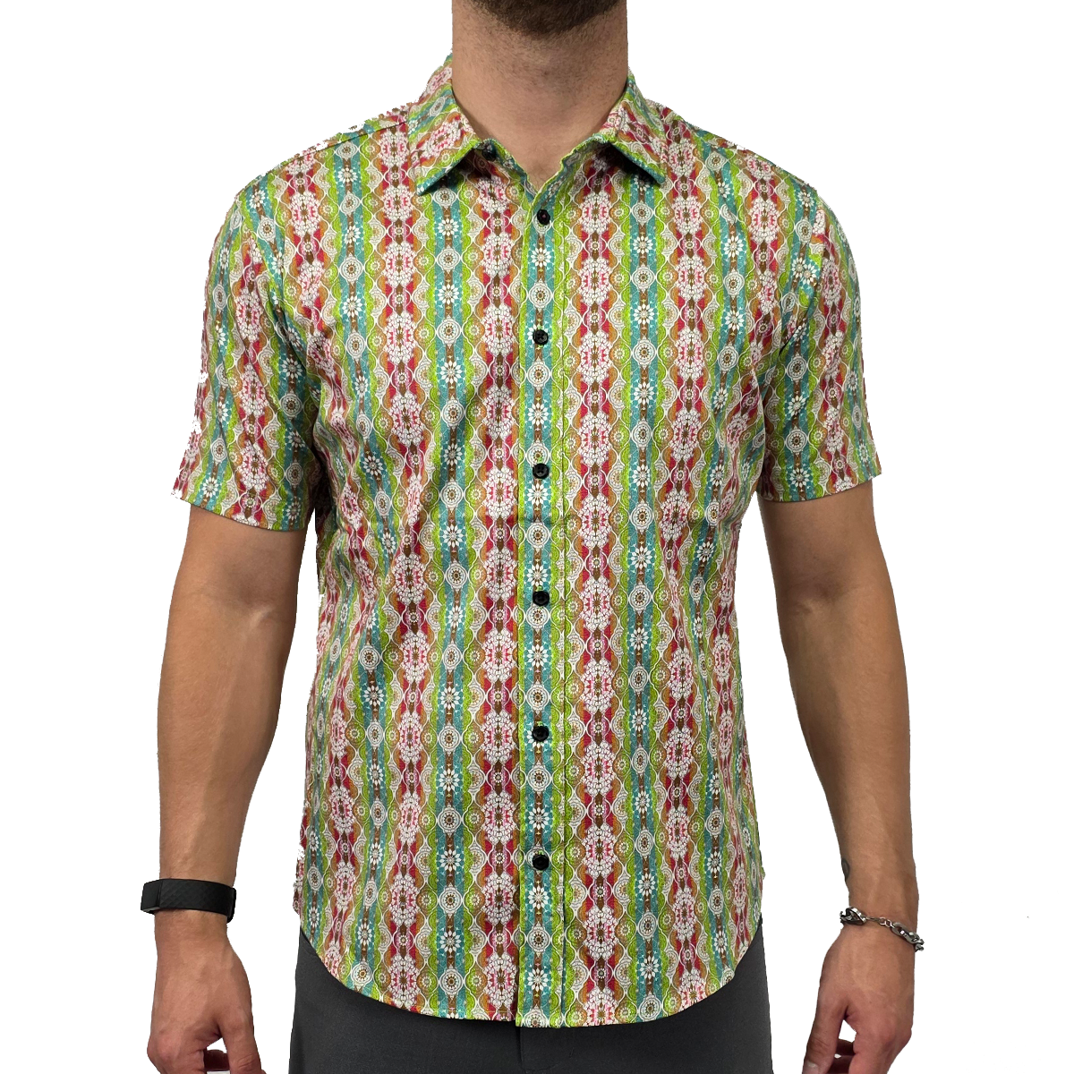 Rainbow Mandala Stretch Cotton Short Sleeve Button Down Shirt