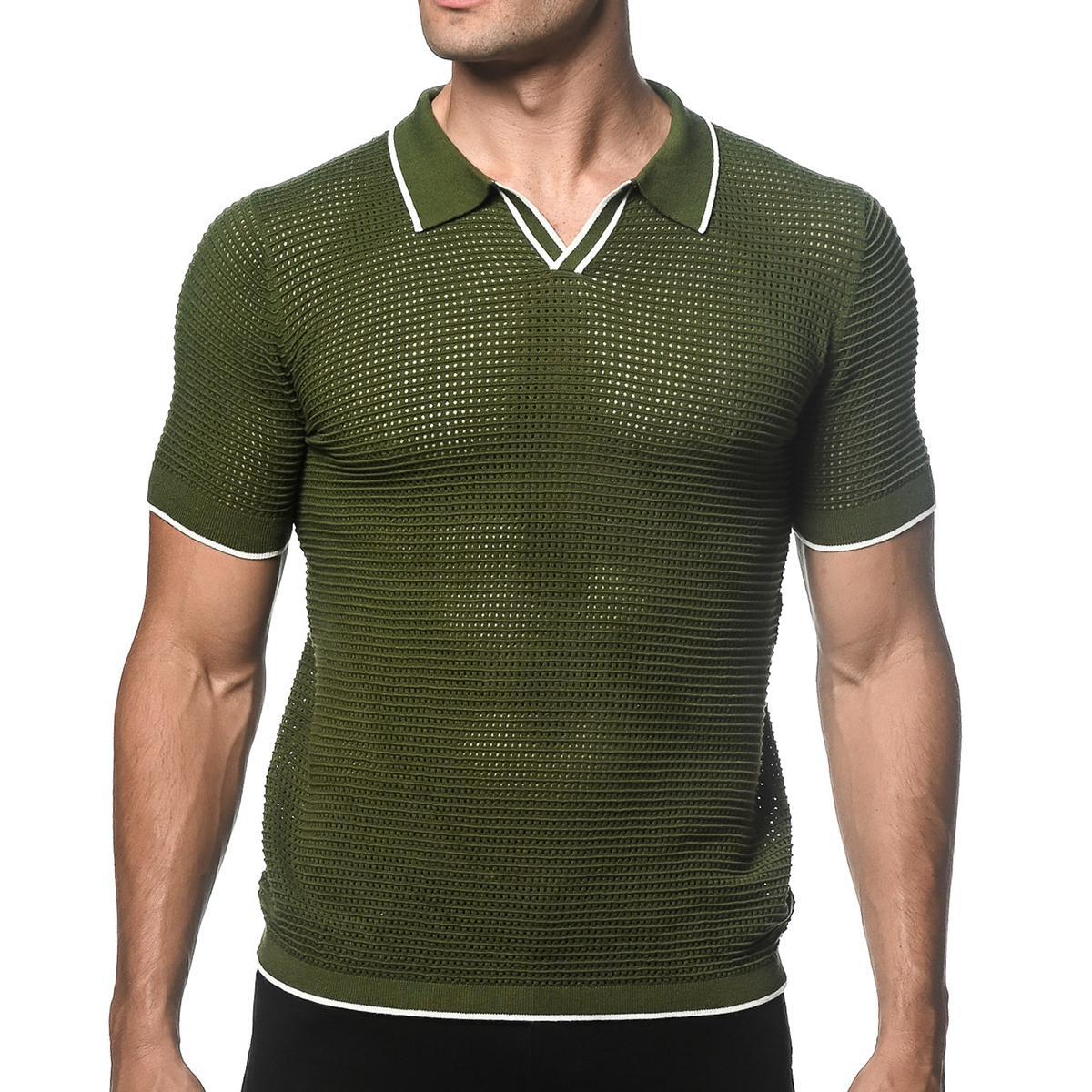 Grass/White Textured Johnny Collar Mesh Knitted Polo by Postmarc Copy