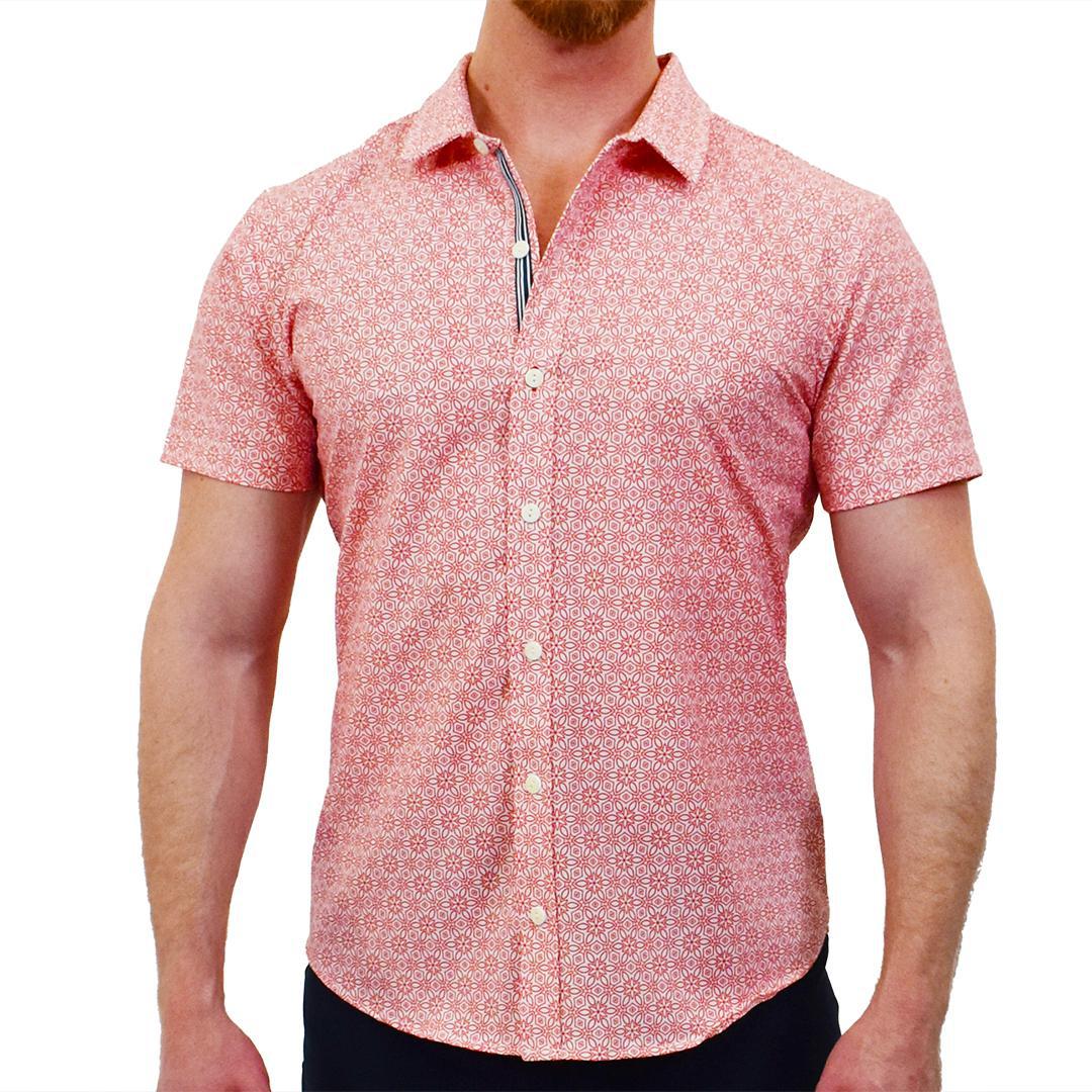 Mandala Coral/White Patterned Slim Fit Style Stretch Short Sleeve Shirt by Assassin Menswear